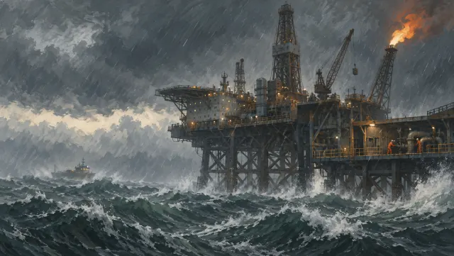 Offshore oil and gas platform at dusk