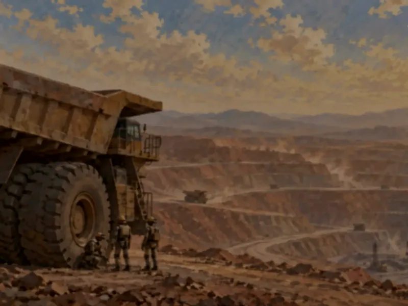 Open-pit mine with a haul truck and crew at the pit edge